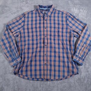 32 Bar Blues Shirt Mens XL Blue Orange Plaid Long Sleeve Cotton Button Up